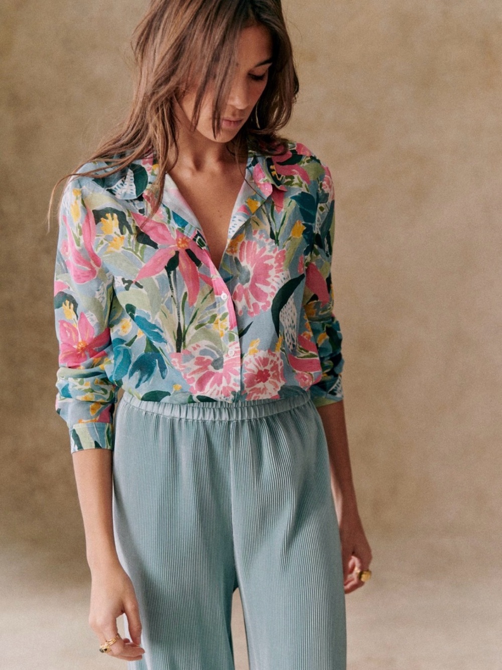 NWT 🇫🇷 Sézane Pierro Floral Shirt Button-Down Blouse pink green blue colors